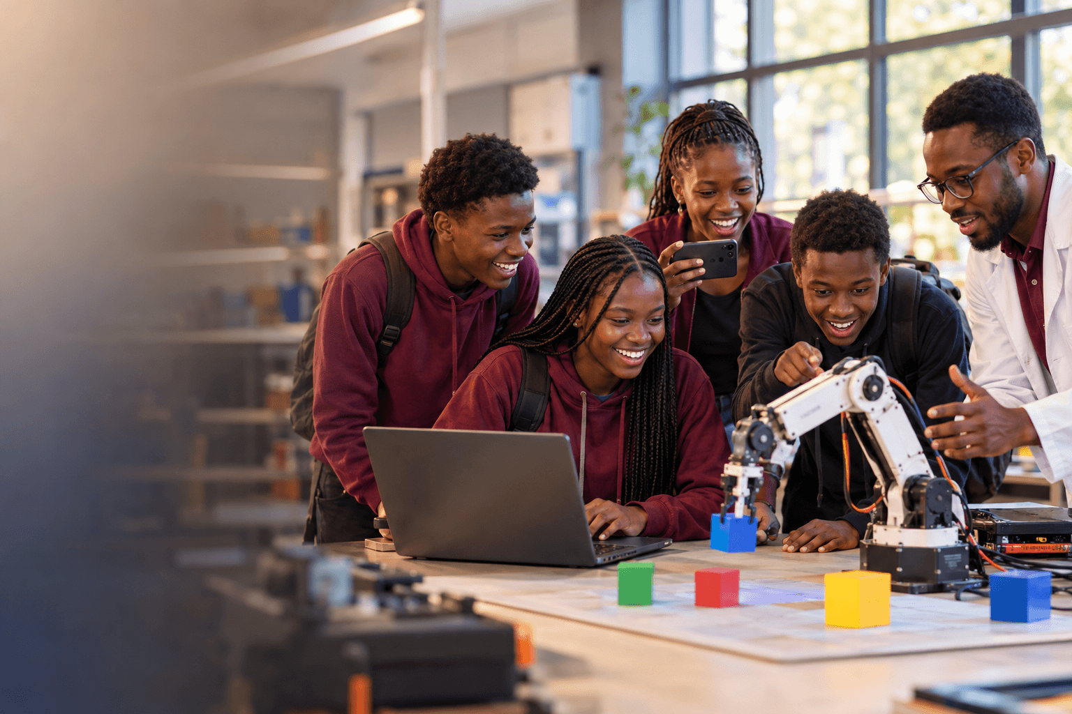 Students and a teacher building a robot in a technology lab