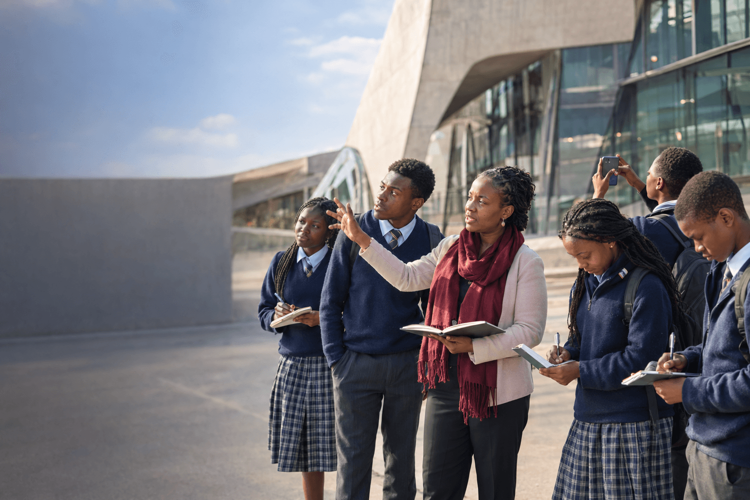 Secondary school students with their teacher on a study visit outside a modern building