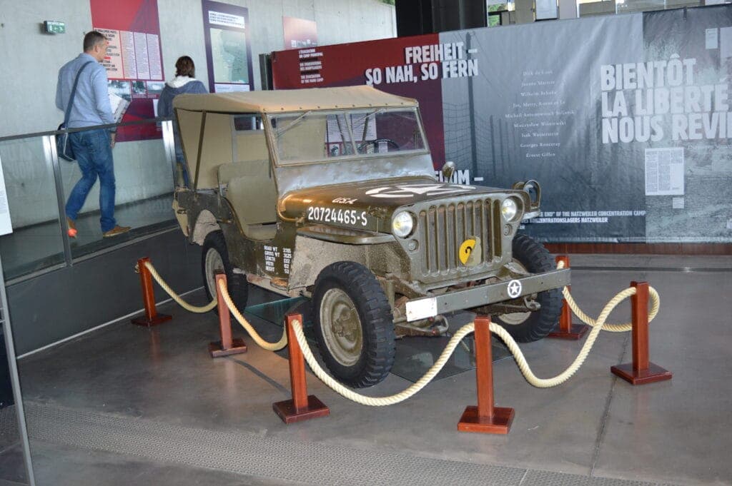 A Second World War jeep on display in a memorial museum
