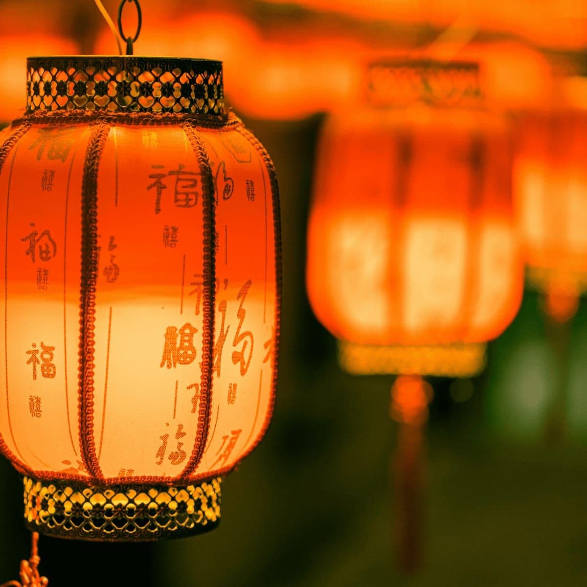 Red Chinese lanterns glowing at night